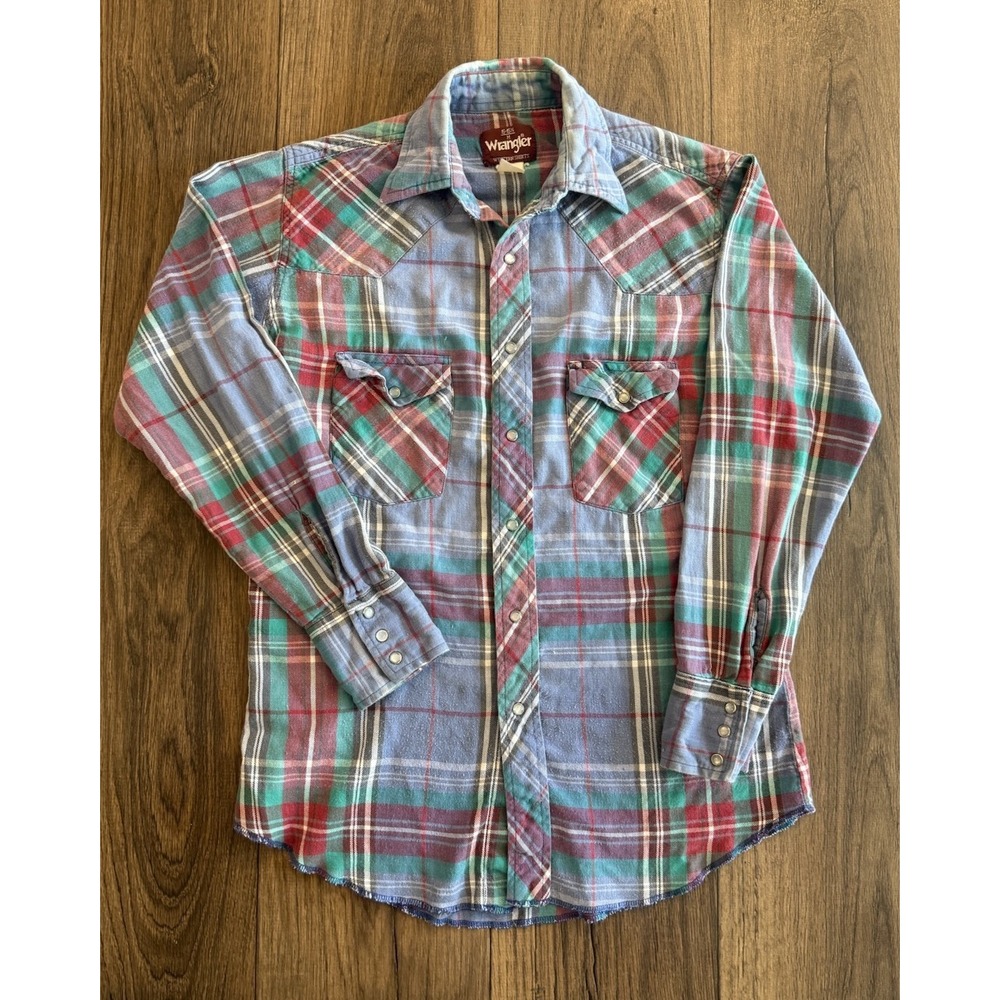 Vintage Wrangler Western Shirt 15.5 x 34 Pearl Snap Plaid Cowboy USA